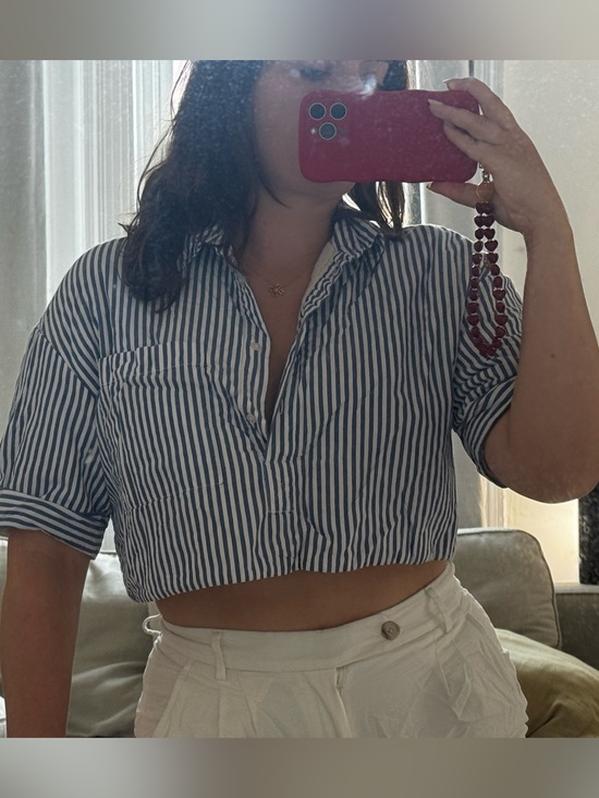 Zara Tops - Zara Navy and White Striped Cropped Poplin Shirt